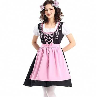 女士粉色慕尼黑啤酒节服装，包含围裙和巴伐利亚传统连衣裙，适合狂欢节、万圣节、女仆装、派对等场合。