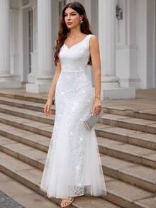 MIUSOL Đầm maxi dạ hội cổ tim, phối màu tương phản, đính sequin và ren lưới, dáng đuôi cá, thích hợp cho đám cưới, màu trắng, mùa xuân. - trắng - Xem 8
