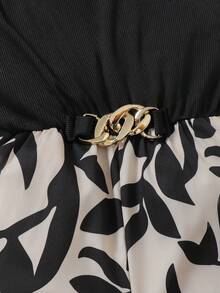 Purechapter 2pcs Girls Splice Contrast Color Jumpsuit With Metal Buckle Decor, Paired With Black Short Sleeve Cardigan, Suitable For Casual, Outdoor Activities - Black - View 7