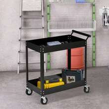 2-Shelf Workshop Trolley, Empty Tool Trolley, Transport Trolley, Side Handle, 4 Wheels, Steel, Load Capacity Up To 150 Kg, 84.5 X 38 X 84 Cm, Black - 黑色 - 查看 2