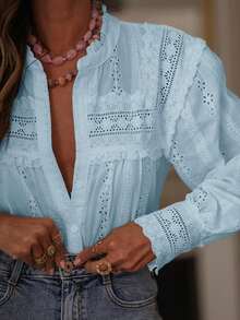 白色宽松女式衬衫，休闲办公装，秋季穿搭，返校季，演唱会上衣 - 淺藍色 - 查看 1