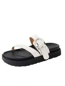 New Fashion Metal Buckle Decor Slip-On Wedge Thick Sole Slippers, Comfortable Non-Slip, Versatile, Suitable For Daily Wear - White - View 8