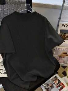 Women's Round Neck Short Sleeve Oversize Fit T-Shirt For Spring/Summer-Unisex Loose - Fit Comfortable Vintage Street - Style Cotton T - Shirt Top-Summer Casual Vintage Cotton Printed T-Shirts For Couples - 黑色 - 查看 7