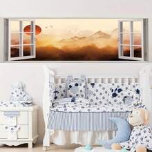 1pc Removable Wall Sticker Mural, Sunset Geese Returning Home & Scenic Mountain View Window Decal, Peel And Stick, Home Decor Wall Art - Multicolor - View 1