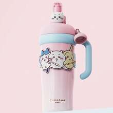 960ml/32.47oz Chiikawa Series Large Capacity Drinking Cup Insulated Tumbler With Straw Cute Cartoon Thermos Cup Seal Leakproof Space Cup Water Bottle - Pink - View 1