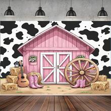 Este enfeite de parede com tema do Velho Oeste retrata uma cena de festa. Inclui uma peça de fibra decorativa com um desenho que apresenta um celeiro rosa, motivos de vacas, um carrinho de mão e um violão, perfeito para decorar uma casa, escritório ou estúdio. - Multicolorido - Ver 4