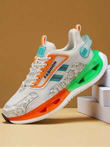 男士休闲运动鞋，低帮系带圆头多色渐变时尚百搭舒适运动鞋，随机多色拼接设计，厚底防滑透气网布轻便镂空外底，休闲校园风跑步鞋 - 米桔 - 查看 7