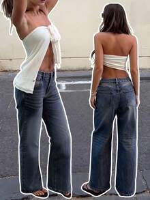 BLTN New Spring Women's Jeans, Casual Straight Leg Pants, Multi-Functional Double Pockets Design, Suitable For Back To School, New Year, Valentine's Day, Loose Fit