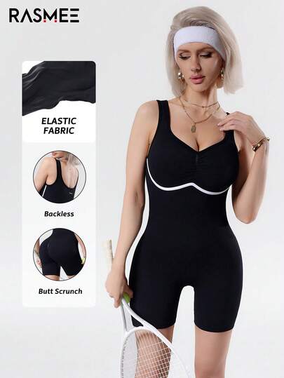 1pc Women's Seamless Yoga Jumpsuit, Contrast Color Stripe Design On Bust Area, Sleeveless, Full Cotton Fabric, Suitable For Sports, Yoga, Running, Hiking, Fitness And Casual Wear At Home