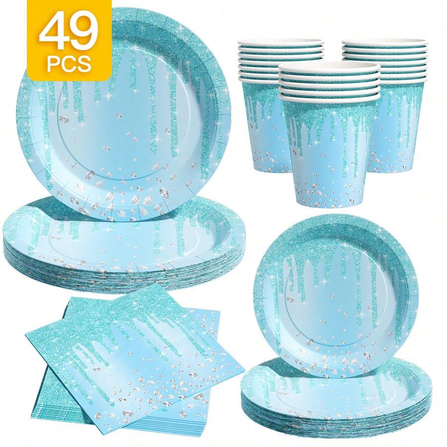 Light Blue Glitter Dripping Diamond Disposable Plate, Napkin, Cup Set, Plates, Napkins And Cups Party Supplies, Serves 8 Guests, Disposable Paper Plates Party Tableware Suitable For Birthday, Wedding, Theme Party, Family Picnic - Multicolor - View 1
