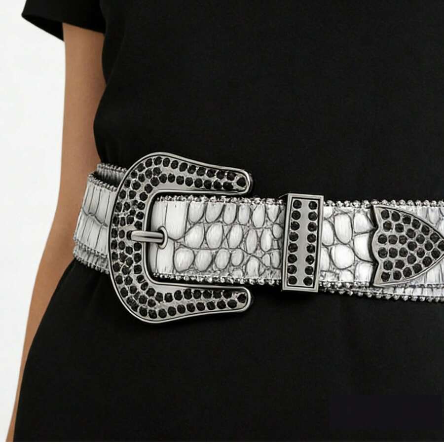 1pc PU Crocodile Texture Printed, Silver Metal Buckle Rhinestone Embellished, Gray Printed Rhinestone Fashionable Versatile Belt - Multicolor - View 1