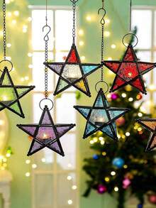 5-Pointed Star Windproof Candle Holder, Iron Colored Glass Lantern, Retro Candle Holder, Holiday Decor, Home Decor, Holiday Hanging Decor, Ornament, Outdoor Garden Decor. Essential For Restaurant Decoration, Creating A Holiday Party Atmosphere.