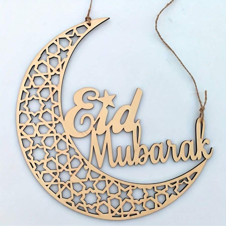 1pc, Wooden Ramadan Home Decoration Hanging Ornament With Moon Text Wall Art, Ramadan Decor, Eid Decor Favor, Eid Mubarak Decor Supplies - Multicolor - View 1