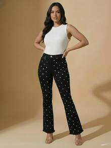 pthirillo Women's Black Flare Jeans With High-Waisted Butt-Lifting Effect And Rhinestone Detail. - 鏡子標誌 - 查看 9