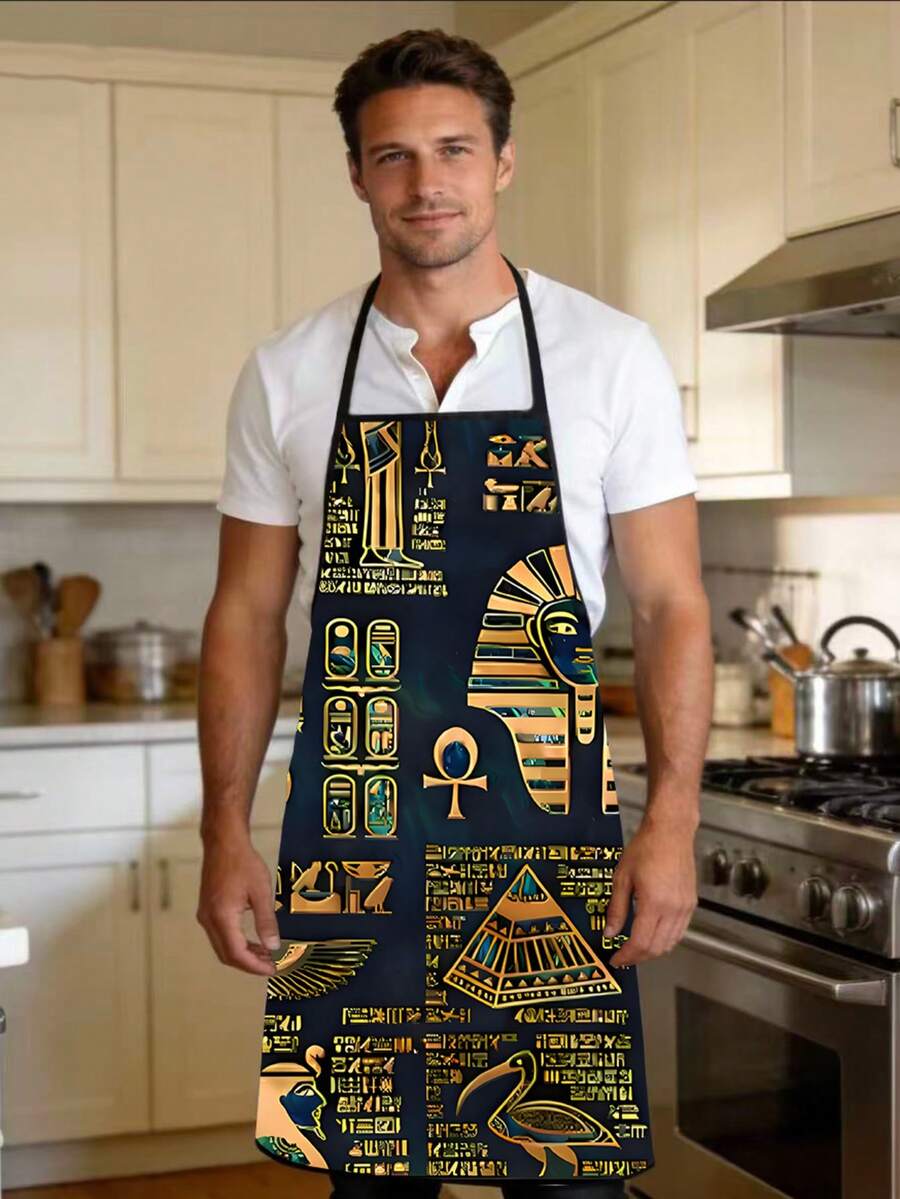 1件埃及风格厨房围裙，精美图案设计，适用于厨房、餐厅，男女通用烹饪围裙，烹饪厨房围裙，烧烤围裙，节日礼物，围裙礼品，时尚围裙，时尚家用厨房围裙 - 彩色 - 查看 1