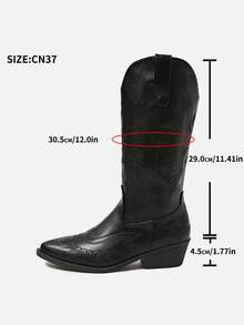 新款尖头粗跟喇叭腿女靴，复古过膝高跟西部牛仔骑马靴 - 黑色 - 查看 6