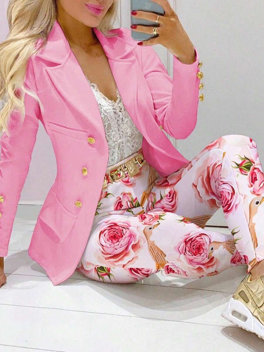 New Women's Elegant And Fashionable Printed Two-Piece Suit, Casual Double-Breasted Pink Suit Jacket And Printed Pants Suit, Slim Fit Design,Fall Clothes For Women - 粉色 - 查看 1