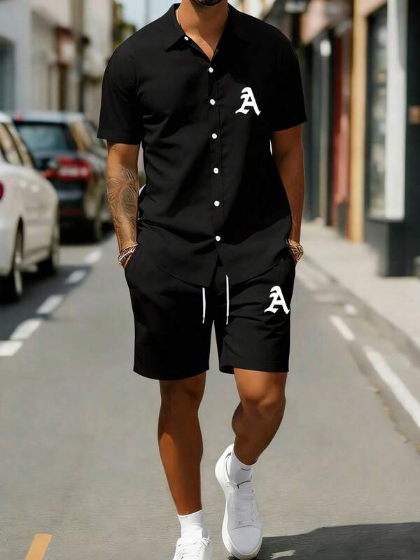 قميصان كاجوال للرجال بأكمام قصيرة وطباعة حرفية، طقم من 2 قطعة