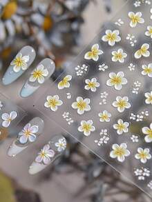 1pc Yellow Tropical Frangipani Blooming Petals Embossed Flower Exotic 5D Nail Art Stickers Self-Adhesive Press On Manicure For Women Summer Vacation Nail Decor For Beach Party Holiday - Multicolor - View 7