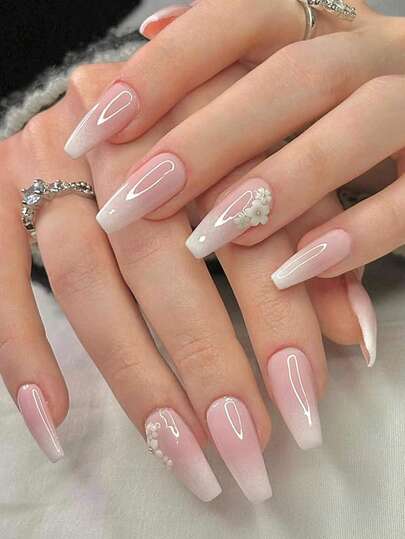 24pcs Gradation Press On Nails Medium Ballerina Press On Nails 3D White Flower Decoration Minimalist Fresh Y2K Sweet Style Surface Glossy Full Cover Fake Nails For Women And Girls Daily Wear Nail Supplies