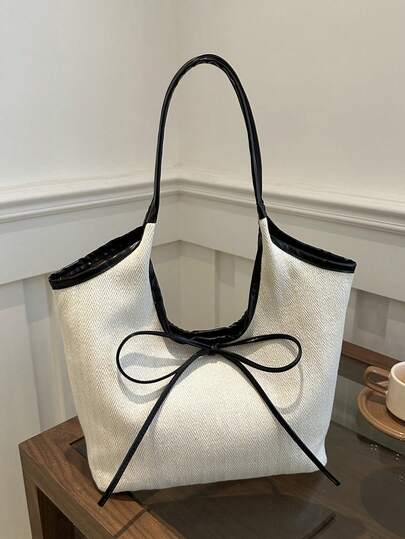 Korean Style Niche Patchwork Canvas Tote Bag, Commuting Fashion Bow Tie Handbag, Chic Shoulder Underarm Bag