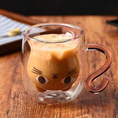 1pc Cute Cat Shaped Glass Cup, 280ml Double-Layer Insulated, Heat-Resistant Borosilicate Glass, Coffee Mug, Milk Cup, Tea Cup, Creative Thermal Tumbler, Office & Home Decor, Unique Design, Perfect For Valentine's Day, New Year, Birthday Gifts, Holiday Decoration, Drinkware, Coffee Mug