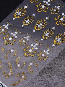 2片金色花藤美甲贴纸 金属质感奢华花朵图腾自粘贴花 优雅美甲装饰 5D浮雕滑块 女士美甲配件 指甲用品 - 金色 - 查看 8