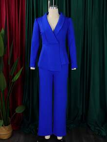 African Print Two Piece Set Ruffle Sleeve Top High Waist Palazzo Pants Slimming Christmas & New Year Gift Party Date Outfit - 藍色 - 查看 2