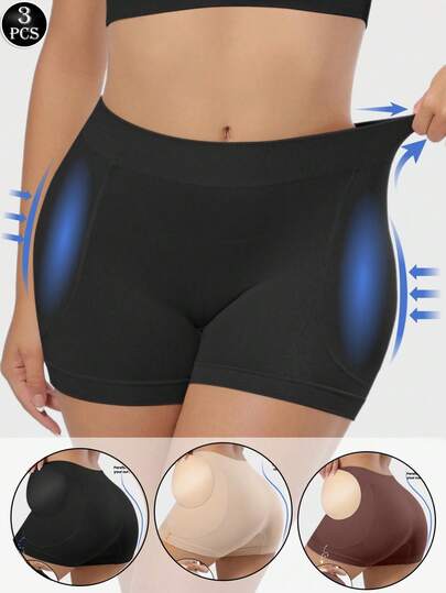 3条装女士无缝纯色侧边可拆卸加厚塑形内裤，舒适可调节提臀塑形，适合日常穿着