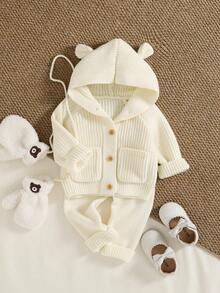 Baby Autumn/Winter Solid Color Cute Hat, Creative Pocket Knit Cardigan Jacket, Paired With White Bow Waist Casual Pants, Soft And Warm, Suitable For Outings And Gatherings
