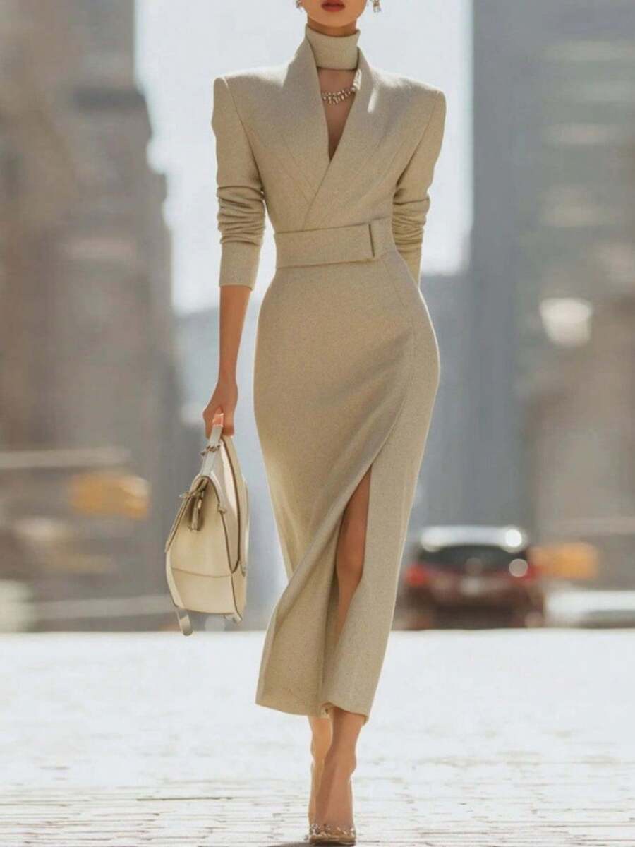 2025 Spring And Autumn Temperament, V-Neck, Slim Fit, Home Dating, Commuting, Mid-Length, Hip-Hugging, Slit Fashion Dress Women - Màu Khaki - Xem 1