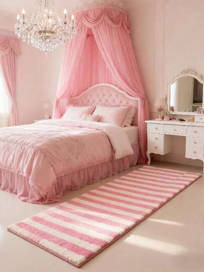 1件韩式ins风卧室装饰床边地毯，粉色条纹图案毛绒地毯，适用于客厅、更衣室、窗台，可作装饰地毯、卧室装饰、小地毯、地毯、家居装饰、客厅地毯、客厅小地毯、卧室地毯、客厅家居装饰、户外地毯、可水洗地毯、毛绒地毯、厚地毯、蓬松地毯、秋冬季地毯