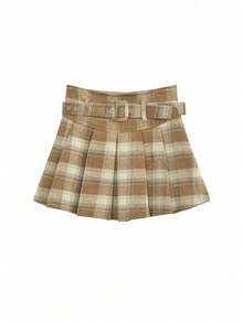 Women's Plaid Wool A-Line Mini Skirt, High Waist Pleated Skirt, Autumn/Winter - Khaki - View 6