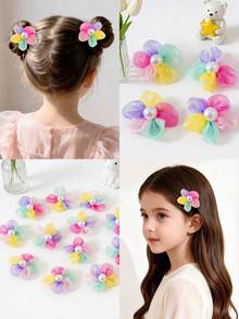 4个时尚渐变彩色花朵发夹，可爱甜美风格，珍珠装饰，轻盈柔软的网状材质，适合派对、送礼和日常佩戴。 - 彩色 - 查看 3