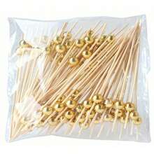 20/50/100/200/400支装，优雅竹制水果签，顶部饰以金色珠子 - 非常适合用于开胃菜、饮品、水果、餐前小吃以及婚礼和婚礼装饰 | 时尚金色珠子水果叉 | 耐用竹签，适用于水果碗等 - 金色 - 查看 2