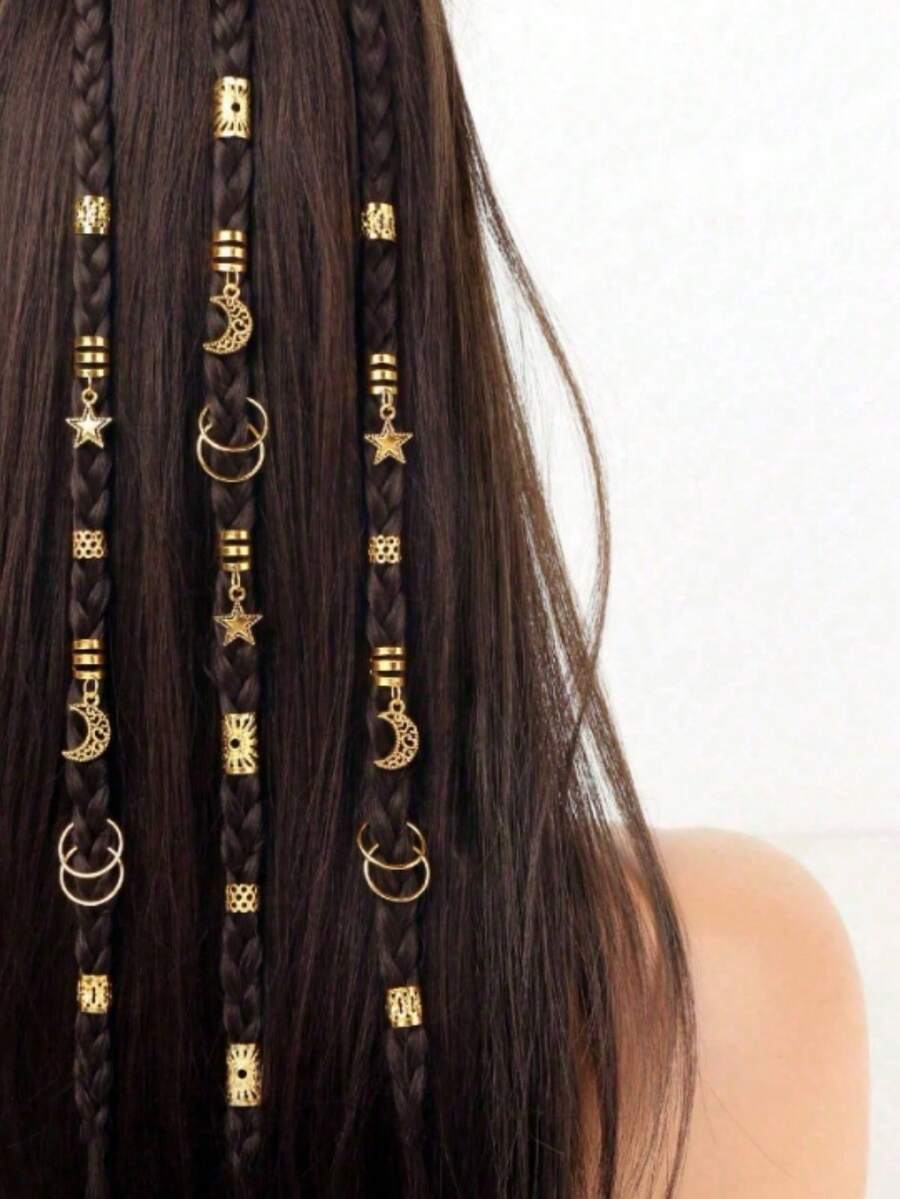45件套女孩编织发饰套装，月亮和星星图案发夹，时尚独特的发饰 - 彩色 - 查看 1