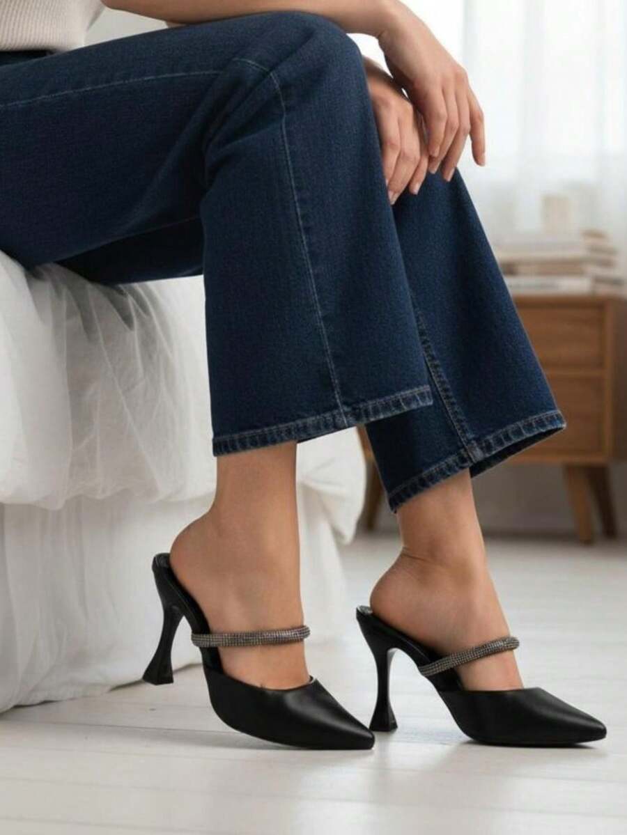 Women's Mule Shoe With Rhinestone Strap, High Heel, 9.5cm Cup, Madame Winter Collection 2026 - Black - View 1