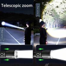 可充电金属LED手电筒，远射程，战术灯，变焦露营灯，防水，应急照明 - 黑色 - 查看 8