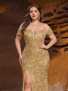 Faeriesty Plus Size Women's Glamorous Off-Shoulder Formal Evening Gown - Stunning Sequin Embellished Long Dress, Daring High Slit And Fitted Silhouette - Perfect For Gala Dinners, New Year Parties, VIP Galas, Red Carpet Premieres And Exclusive Anniversary Celebrations - Champagne - View 4