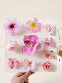 10个波西米亚风3D仿真花朵发夹，可爱甜美花朵侧刘海发夹，海滩度假拍照装饰发饰，适合上学、旅行（不含卡片） - 彩色 - 查看 2