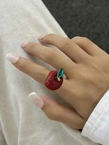 1 pieza Anillo de mujer de diseño personalizado de moda, anillo de fresa y manzana de resina, anillo de dedo único adecuado para uso diario - anillo de fresa - Ver 8