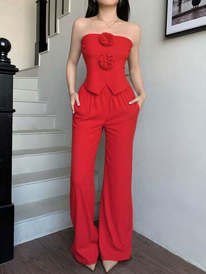 Conjunto de top  hombro descubierto de unicolor para mujer con adorno floral 3D y pantalon largo pierna ancha