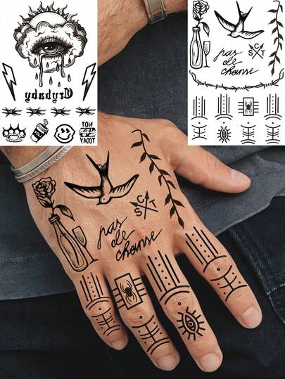1 Sheet Y2K Black Eye Old School Temporary Tattoos For Women Men Adults Hands Finger Foot Neck Clavicle Waist Legs Thigh Shoulder Ankles Forearm Shank Half Sleeve Arm Makeup, Semi-Permanent Temp Tattoo Waterproof Long Lasting Realistic Tatoos