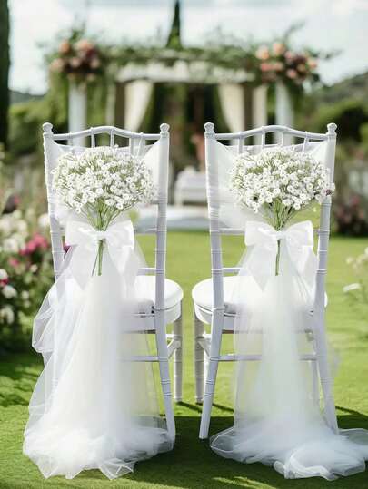 6pcs 9.8ft White Chair Sash With Baby's Breath Bouquet, Church Wedding Aisle Chair Back Decor Fabric, Transparent Tulle Curtain, Bulk Wedding Decorations, Baby Shower Decor