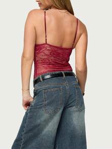 Women Lace Top Y2k Going Out  Mesh See Through Cami Tank Tops - Red - View 2