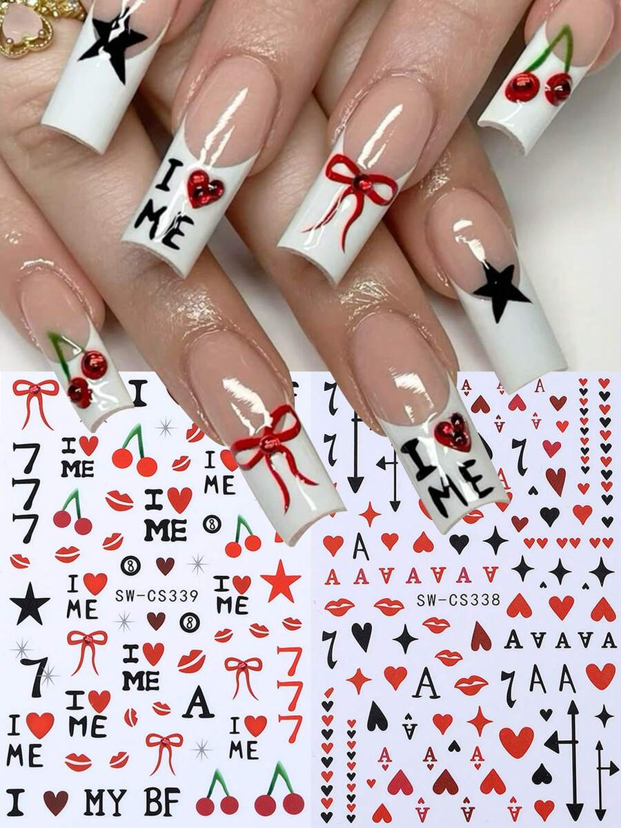 2张情人节美甲贴纸，时尚浪漫的3D爱心、字母、蝴蝶结、嘴唇、樱桃图案美甲贴花，DIY美甲用品 - 彩色 - 查看 1