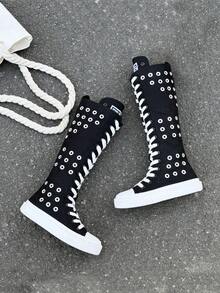 White Canvas Shoes, Mid-Top Sneakers, Children's Canvas Shoes, Spring/Autumn Korean Version, Simple Style, Boys/Girls Shoes, Fashion Low-Top Lace-Up Athletic Shoes, Classic Low-Top Canvas Shoes, Casual Skateboard Children Boots - Black and White - View 5