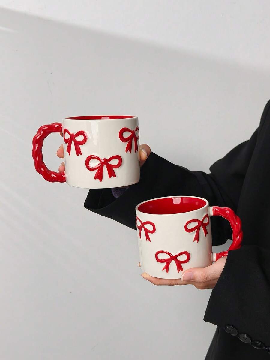 1pc New Creative 3D Bow Tie Mug, High-Quality Braided Handle Ceramic Coffee/Milk Cup, Microwave , Perfect Gift For Girlfriend, Cute Girly Water Cup, Valentine's Day Gift, Souvenir - Multicolor - View 1