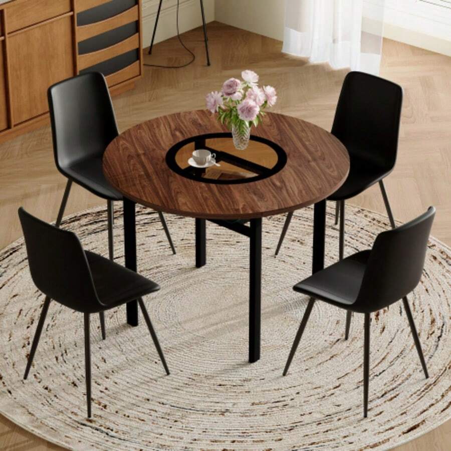Modern Minimalist Runder Tisch-Set (Mit Integrated Ablagefach And 4 Sesseln Aus Schwarzem PU-Material), Runder Tisch Mit 100 Cm Durchmesser In Brown Holzoptik, Geeignet Für Esszimmer. - Black - View 1