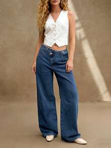 Jeans de pierna recta para mujer, cintura con botón asimétrico, estilo casual largo, sin estiramiento - Azul lavado oscuro - Ver 2